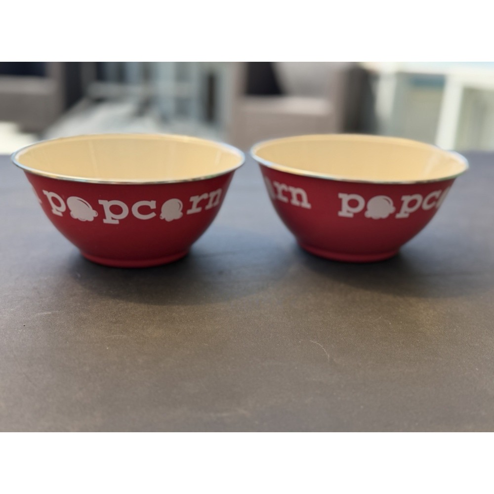 (2) World Market Red Enamel Popcorn Serving Bowl 6.4x3.1"